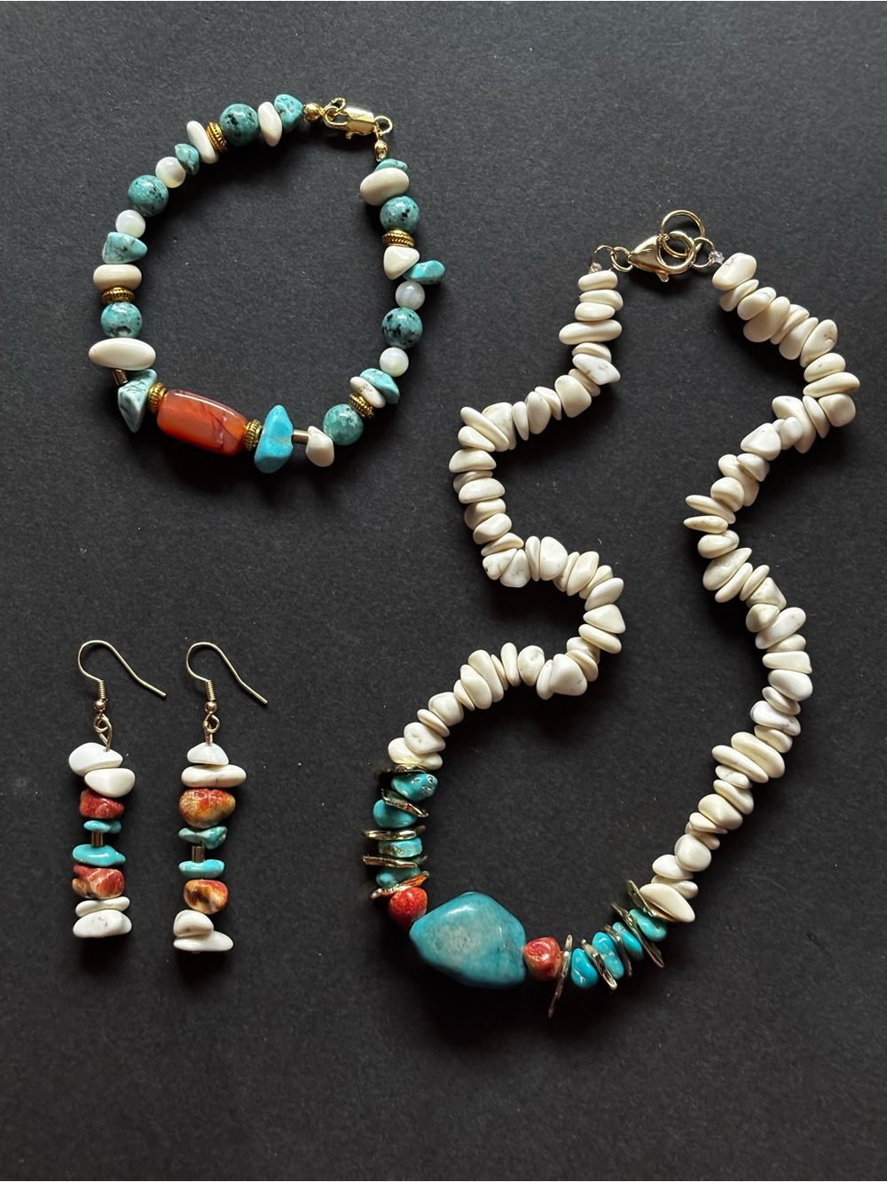 Remixed Handcrafted Turquoise Carnelian Riverstone Jewelry Set || OOAK
